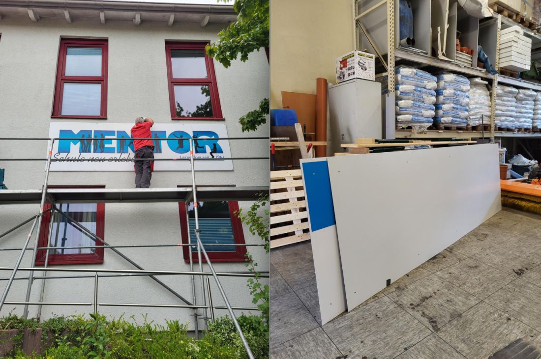 Demontage des alten Schild, das neue Schild wartet schon.