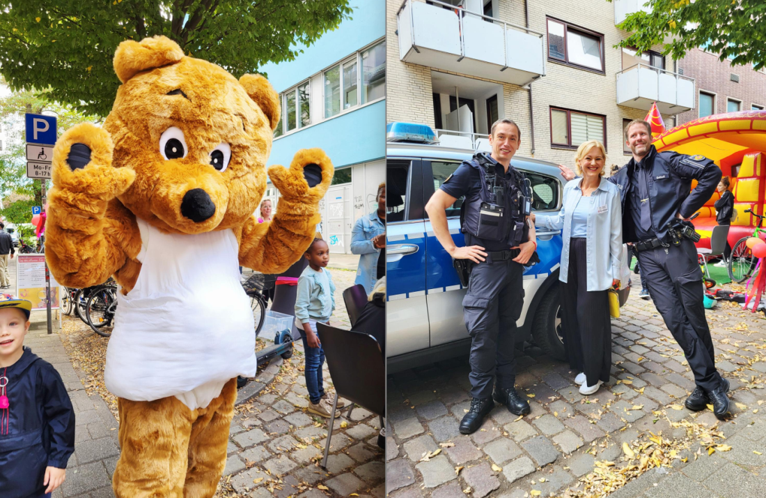 Rosi Stöver, Leiterin des FamilienZeitRaums, mit Neustädter Polizisten, und wer steckt im Bärenkostüm?